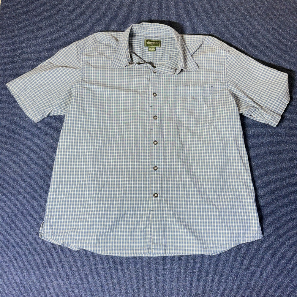 Eddie Bauer Mens Blue White Plaid Short Sleeve Cotton Button Up Shirt XL